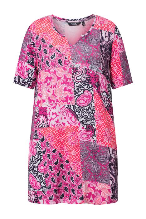 Tunika, patchworkový vzor, áčkový střih, tunikový výstřih, polodlouhý rukáv