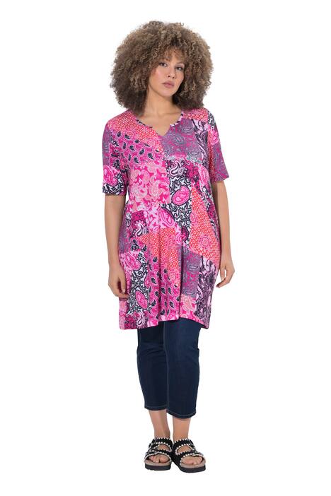 Tunika, patchworkový vzor, áčkový střih, tunikový výstřih, polodlouhý rukáv