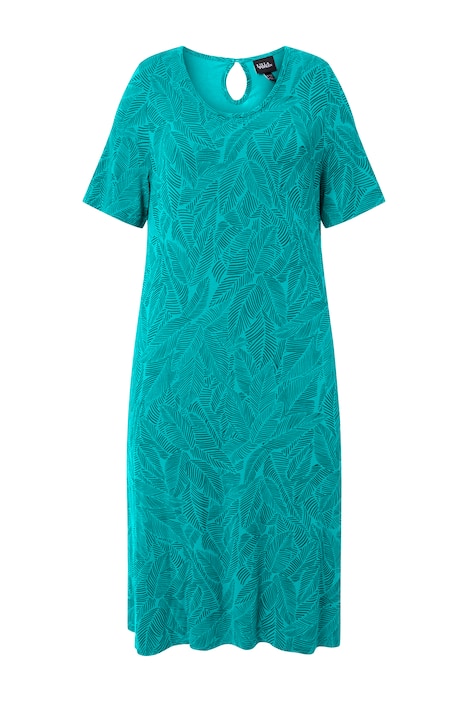 Žerzejové šaty, listy, áčkový střih, kulatý výstřih, polodlouhý rukáv