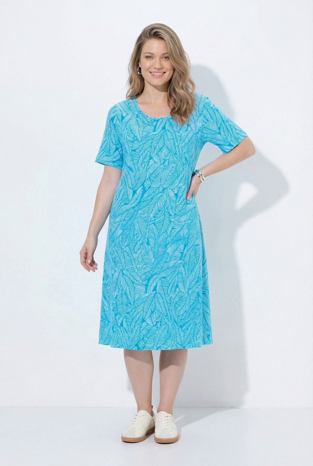 Jerseykleid, Blätter, A-Linie, Rundhals, Halbarm