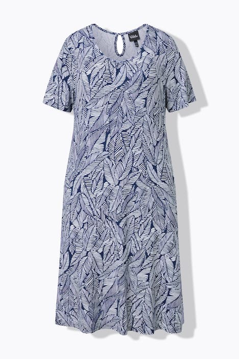 Sukienka z dżerseju, liście, trapezowy krój, okrągły dekolt, rękaw 1/2