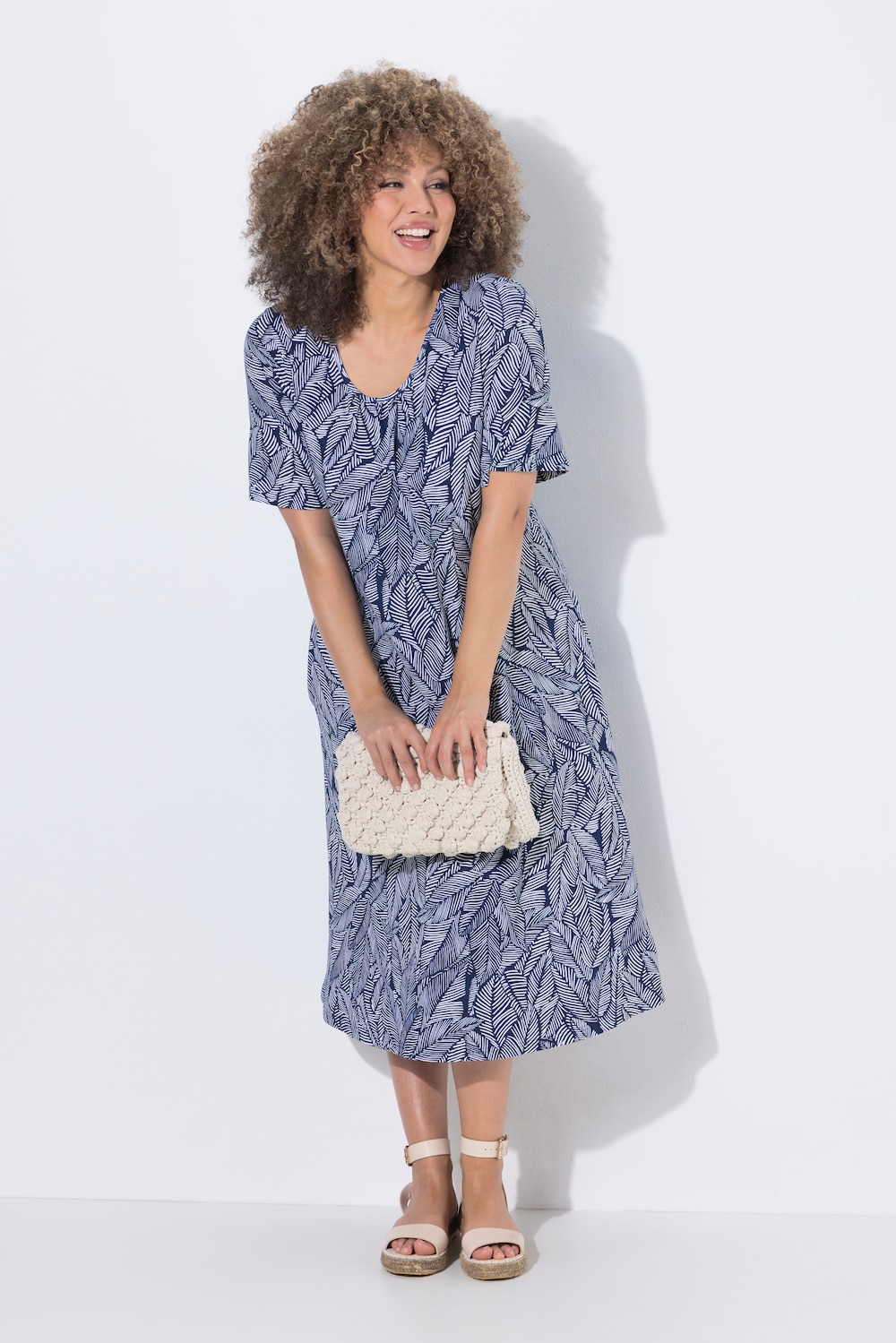 Jerseykleid, Blätter, A-Linie, Rundhals, Halbarm