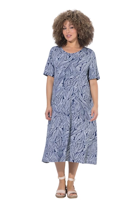 Žerzejové šaty, listy, áčkový střih, kulatý výstřih, polodlouhý rukáv
