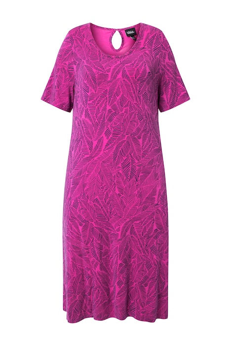 Žerzejové šaty, listy, áčkový střih, kulatý výstřih, polodlouhý rukáv