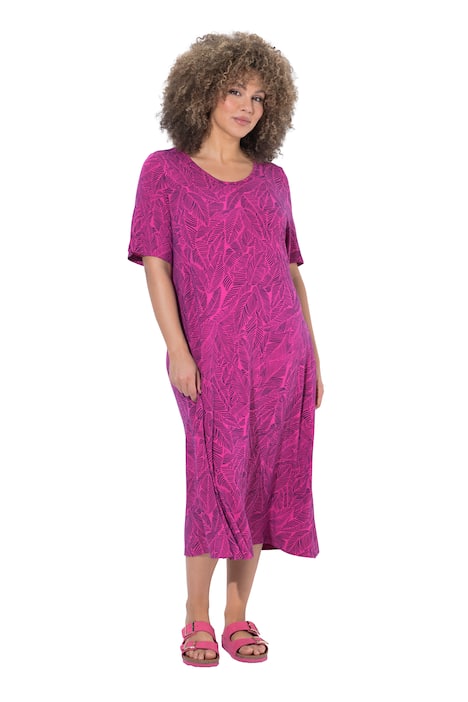 Žerzejové šaty, listy, áčkový střih, kulatý výstřih, polodlouhý rukáv