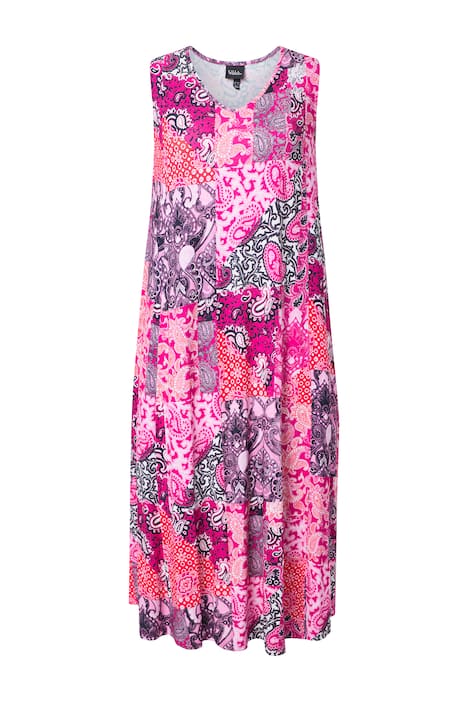 Maxi šaty, patchworkový vzor, áčkový střih, V výstřih, bez rukávů