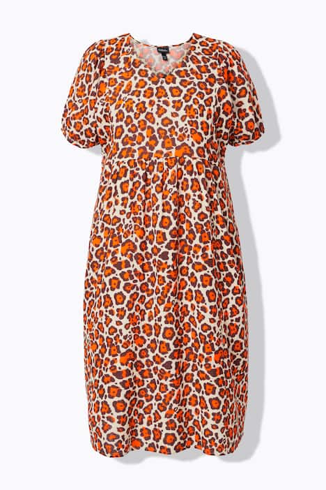 Mousseline jurk, luipaardpatroon, A-lijn, V-hals, korte mouwen