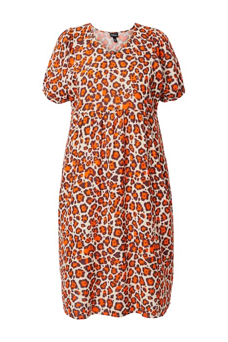 Mušelínové šaty, leopardí vzor, áčkový střih, V výstřih, polodlouhý rukáv
