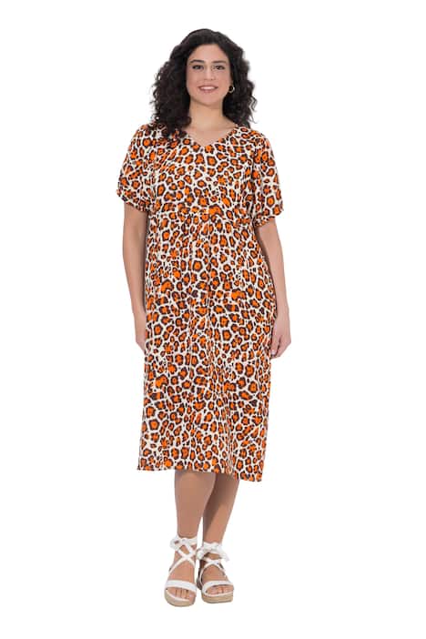 Mušelínové šaty, leopardí vzor, áčkový střih, V výstřih, polodlouhý rukáv