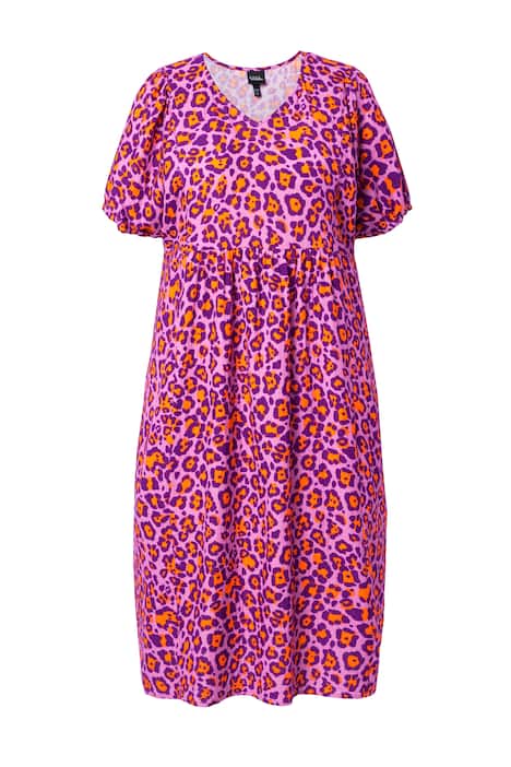 Mušelínové šaty, leopardí vzor, áčkový střih, V výstřih, polodlouhý rukáv