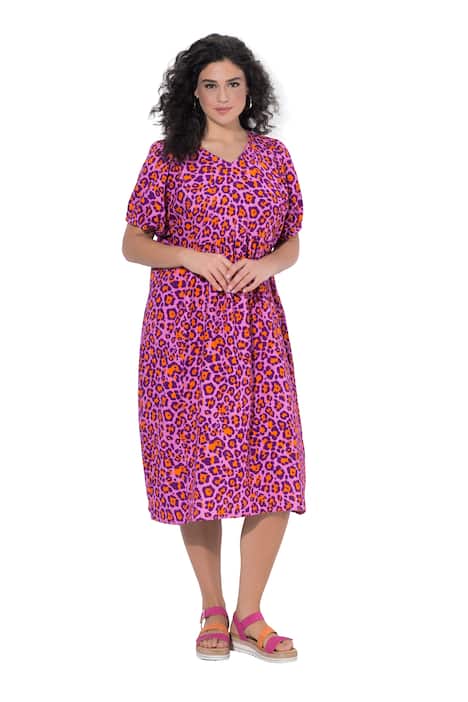 Mušelínové šaty, leopardí vzor, áčkový střih, V výstřih, polodlouhý rukáv