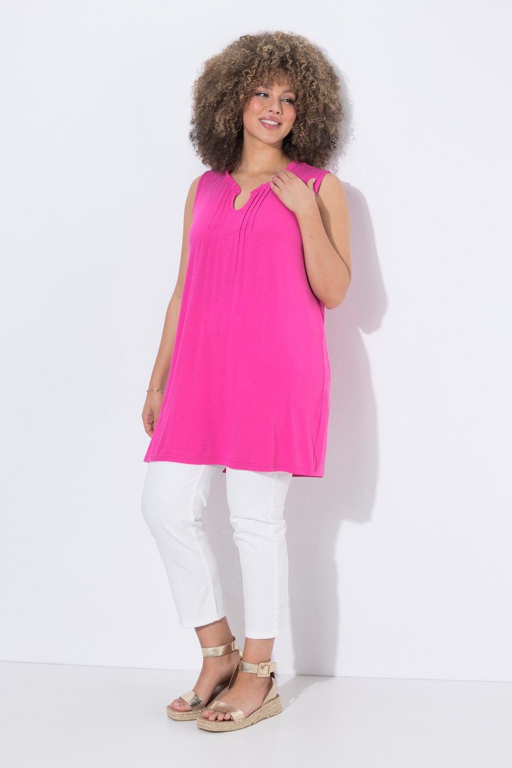 Longtop, Biesen, Stehkragen, V-Ausschnitt, ärmellos