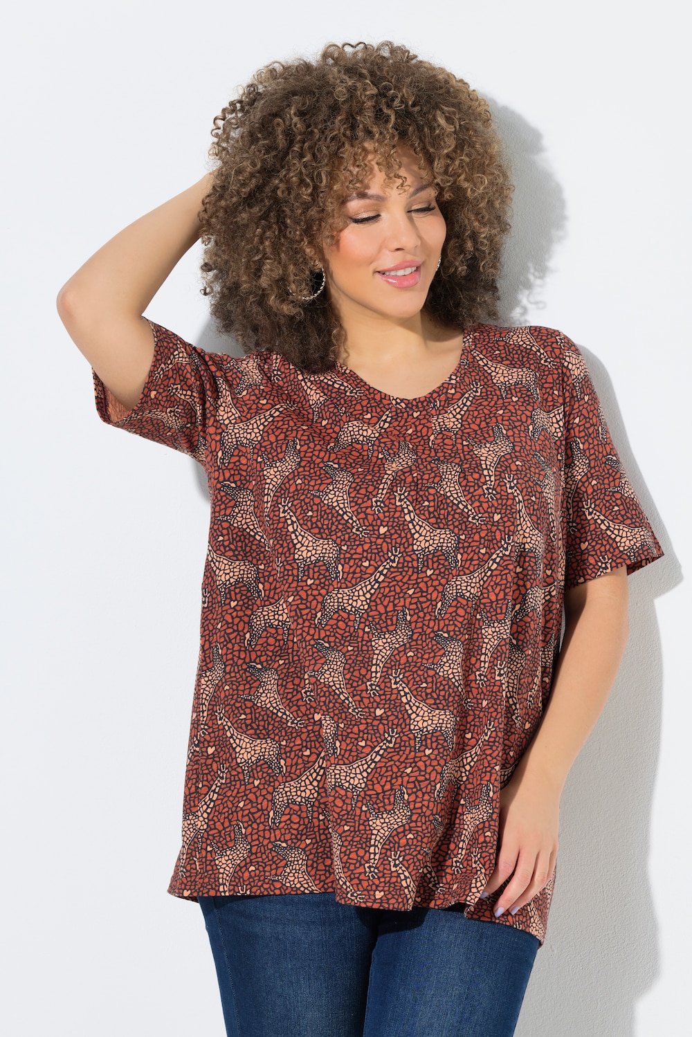 T-Shirt, Giraffe, A-Linie, V-Ausschnitt, Halbarm