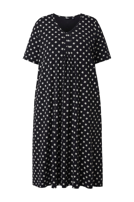 Midi šaty, vzor hvězd, V výstřih, polo rukávy, kapsy