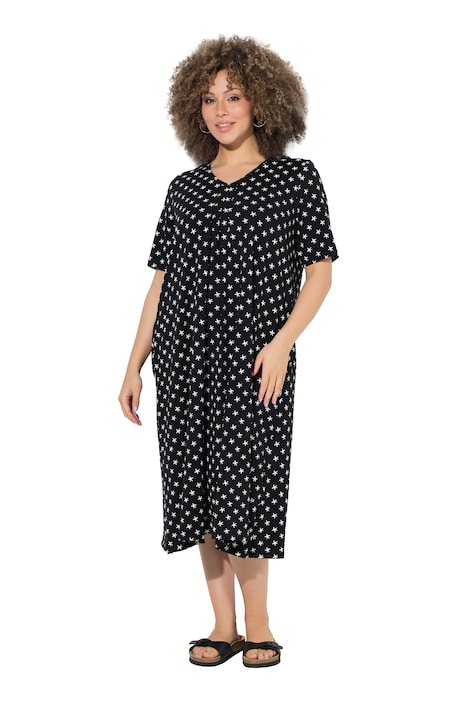 Midi šaty, vzor hvězd, V výstřih, polo rukávy, kapsy