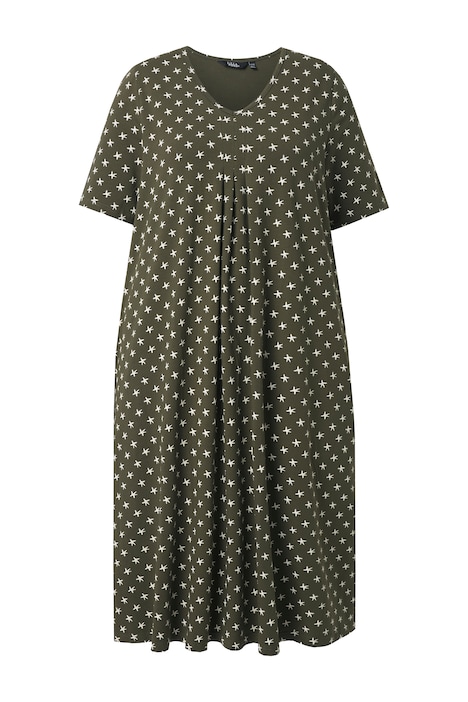 Midi šaty, vzor hvězd, V výstřih, polo rukávy, kapsy