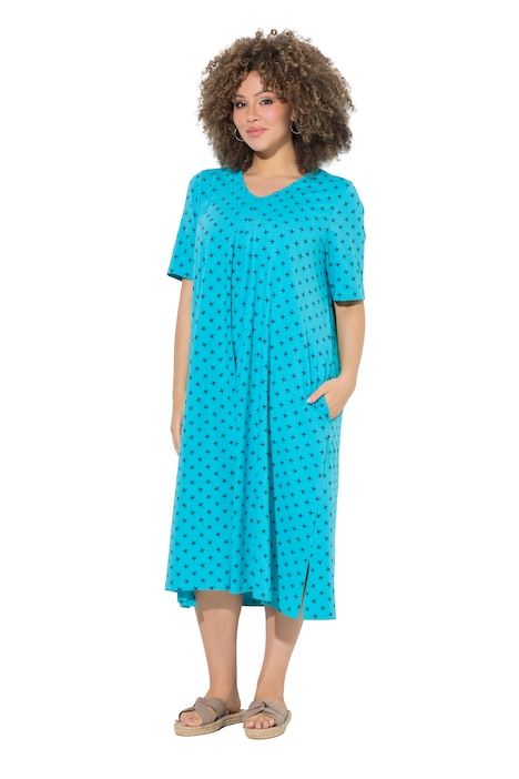 Midi šaty, vzor hvězd, V výstřih, polo rukávy, kapsy