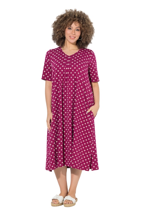 Midi šaty, vzor hvězd, V výstřih, polo rukávy, kapsy