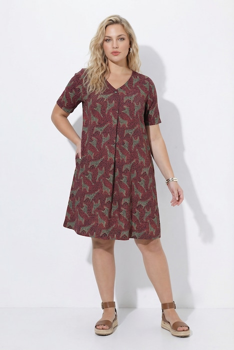 Kleid, Animalmuster, A-Linie, V-Ausschnitt, Halbarm