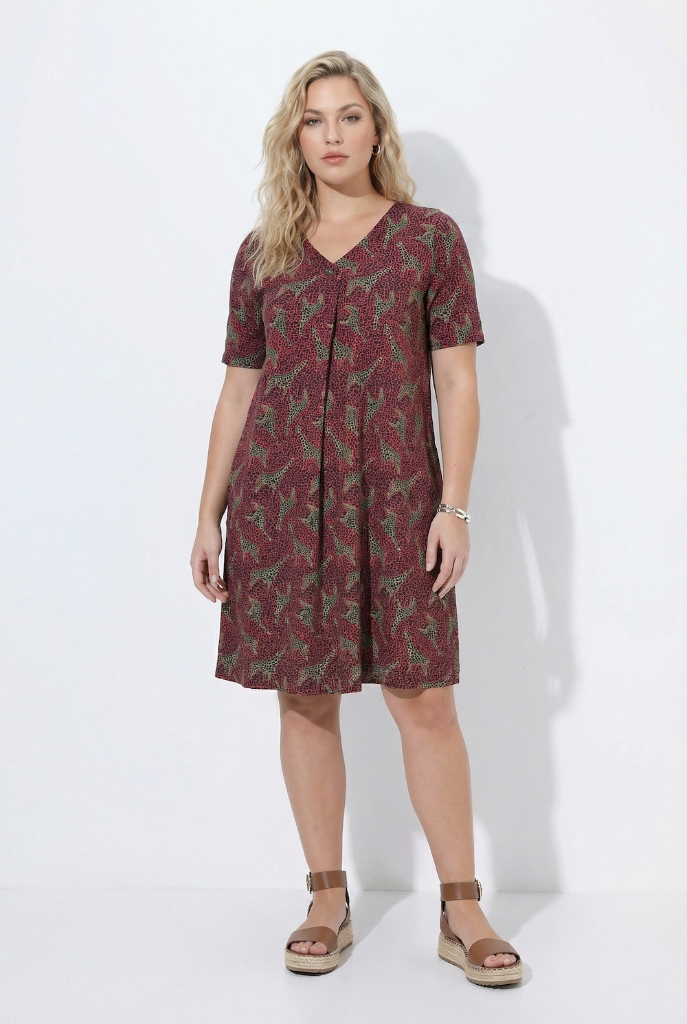 Kleid, Animalmuster, A-Linie, V-Ausschnitt, Halbarm