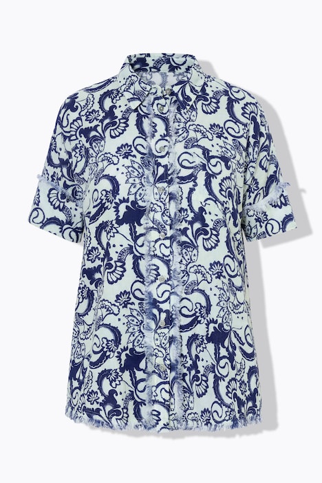 Floral Paisley Fringed Hem Muslin Blouse