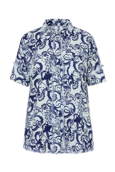 Mušelínová halenka, listy, oversized, polo rukávy, lem s třásněmi