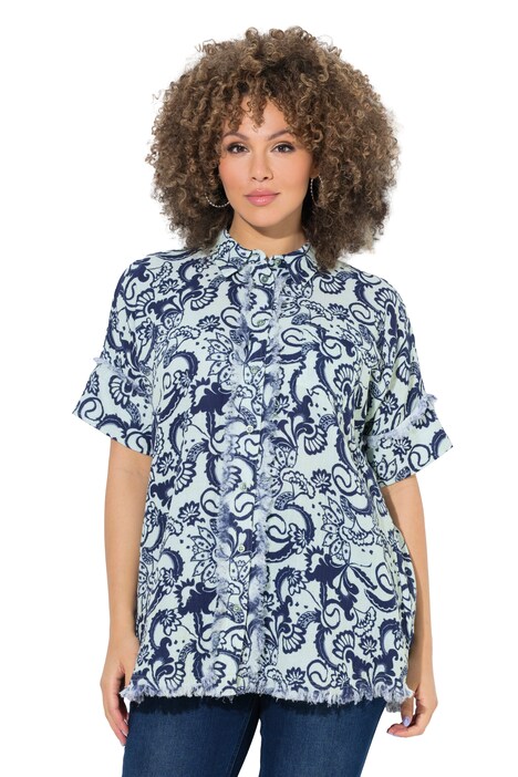 Mušelínová halenka, listy, oversized, polo rukávy, lem s třásněmi