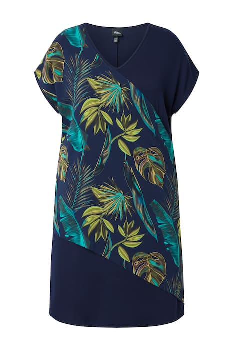 Žerzejové šaty, šifónová vrstva, listy, V výstřih, polodlouhý rukáv