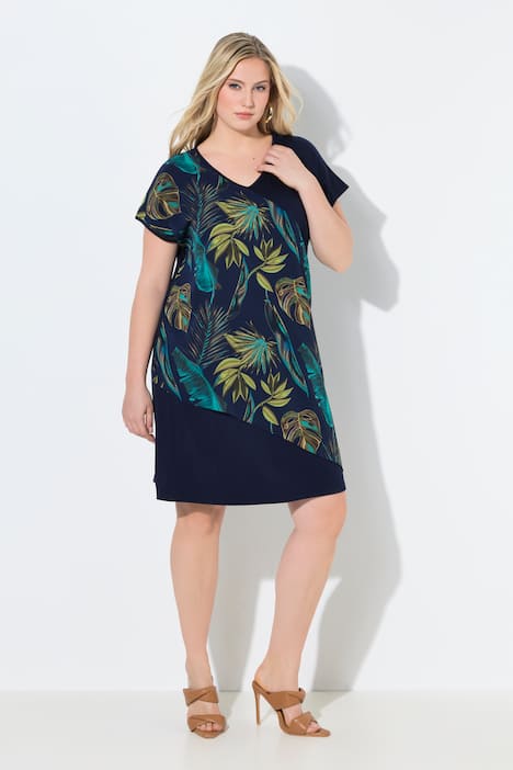 Tropical Leaf Print Chiffon Panel Dress