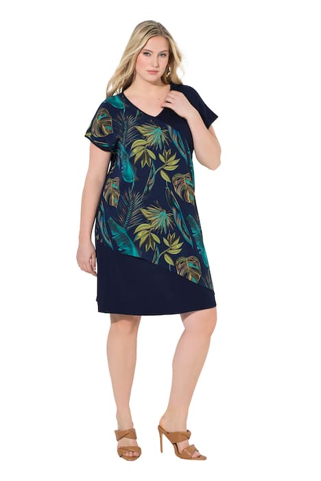 Žerzejové šaty, šifónová vrstva, listy, V výstřih, polodlouhý rukáv