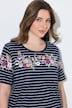 Bigshirt, bloemenstrepen, ronde hals, korte mouwen met volant