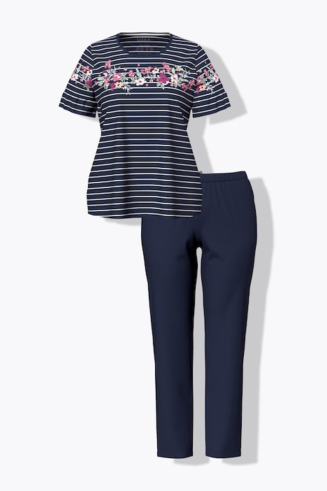 Pyjama, Blütenstreifen, Rundhals, Volant-Halbarm