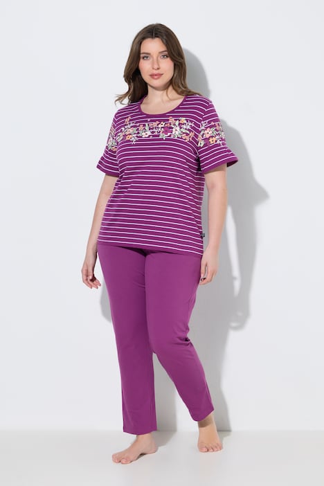 Pyjama, Blütenstreifen, Rundhals, Volant-Halbarm