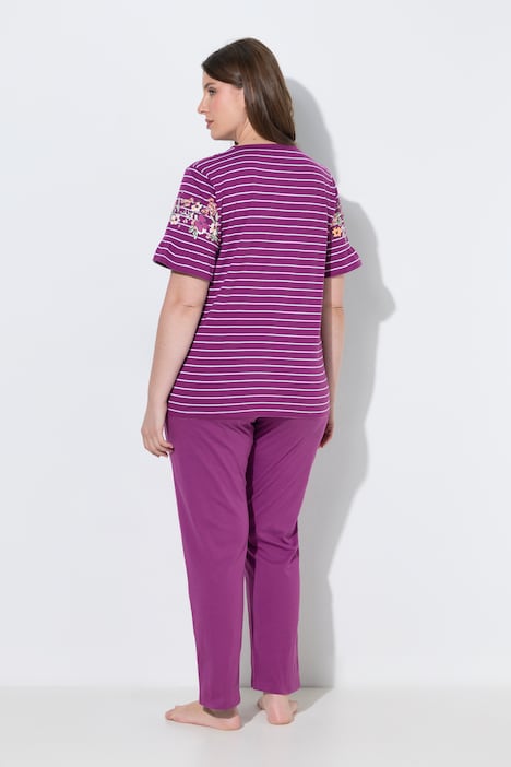 Pyjama, Blütenstreifen, Rundhals, Volant-Halbarm