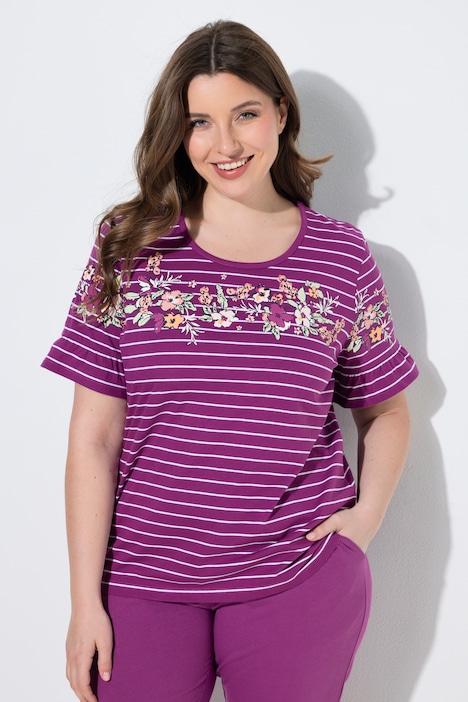 Pyjama, Blütenstreifen, Rundhals, Volant-Halbarm