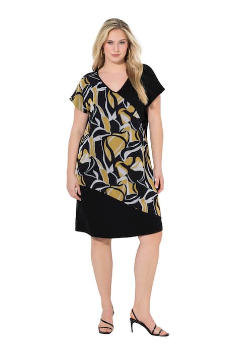 Žerzejové šaty, šifónová vrstva, volný střih, V výstřih, polodlouhý rukáv