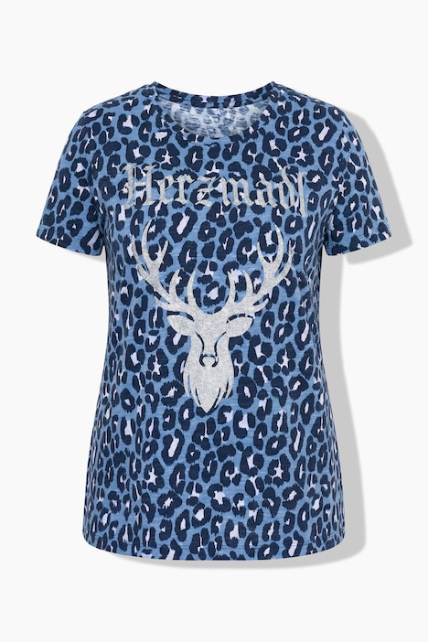 T-shirt, luipaardpatroon, hert, ronde hals, korte mouw