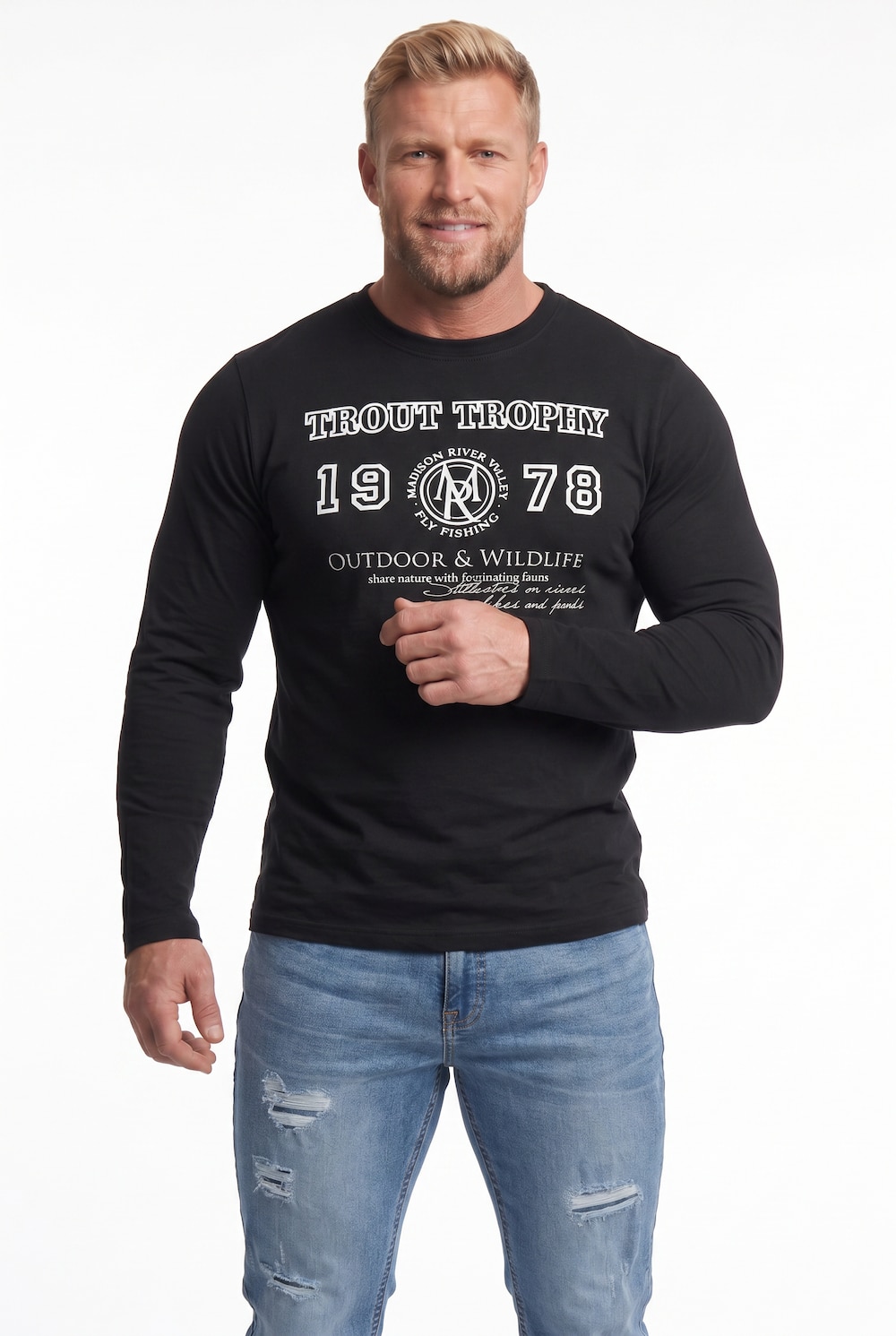 Langermet genser, rund hals, trykk, opptil størrelse 8XL