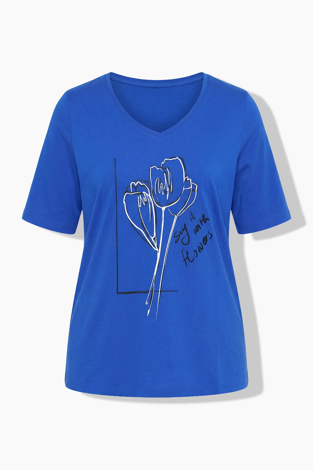 Stora storlekar T-shirt med blommotiv, Dam, blå, storlek: 62/64, Bomull, Ulla Popken