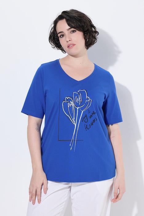 T-shirt, kwiaty, klasyczny krój, dekolt w serek, krótki rękaw