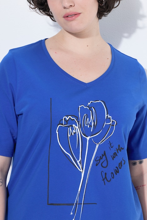 T-shirt, kwiaty, klasyczny krój, dekolt w serek, krótki rękaw