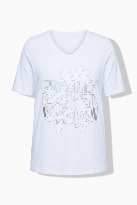 T-Shirt, Blüten-Applikation, V-Ausschnitt, Halbarm