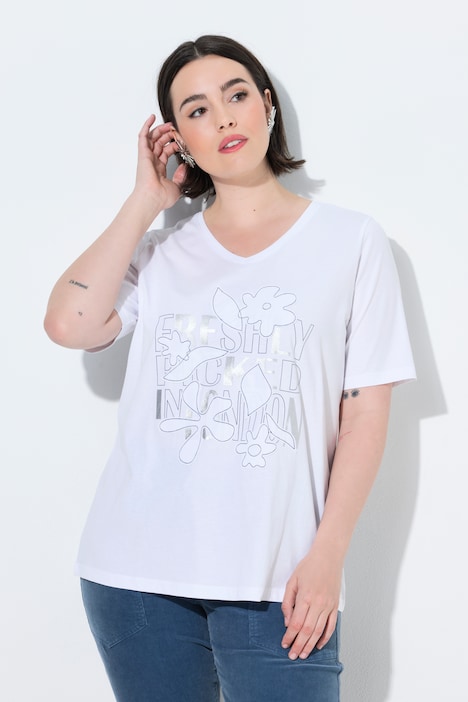 T-Shirt, Blüten-Applikation, V-Ausschnitt, Halbarm