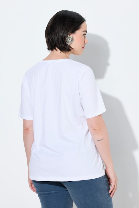 T-Shirt, Blüten-Applikation, V-Ausschnitt, Halbarm