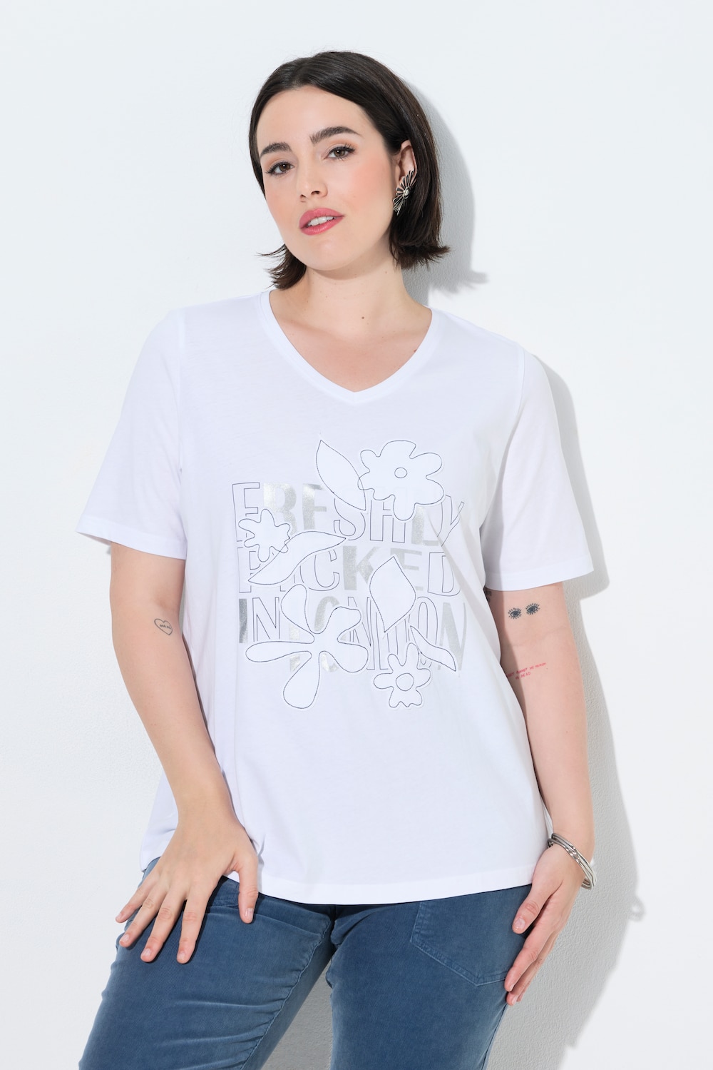 T-Shirt, Blüten-Applikation, V-Ausschnitt, Halbarm