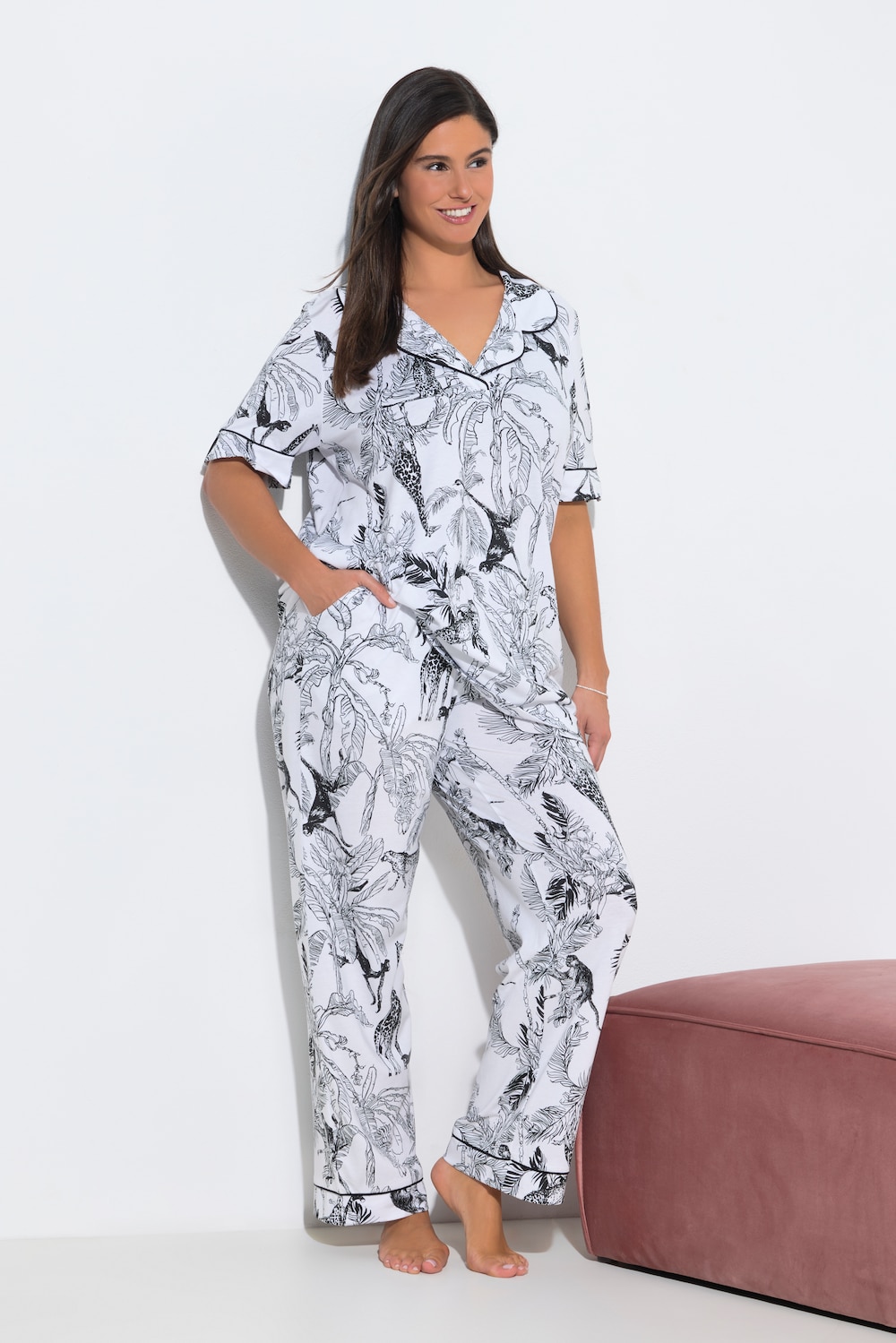 Pyjama, safari, kraag, V-hals, korte mouw