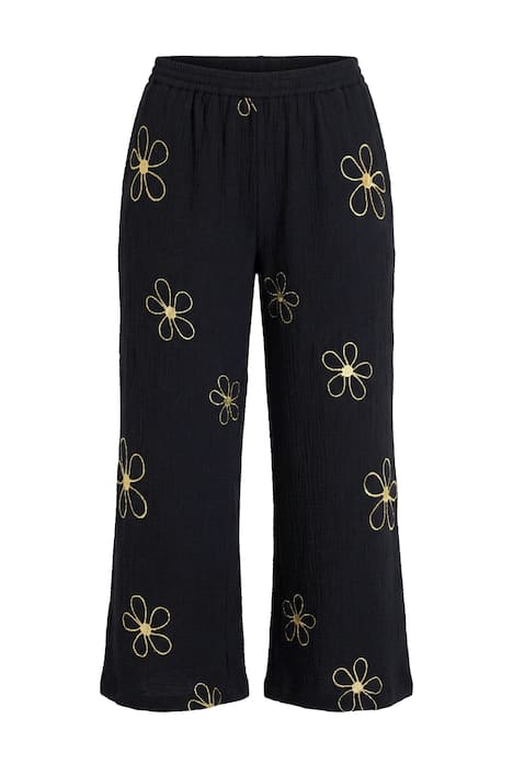 Kalhoty Culottes, široký rovný střih, mušelín, stříbrné květy