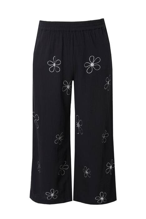 Kalhoty Culottes, široký rovný střih, mušelín, stříbrné květy