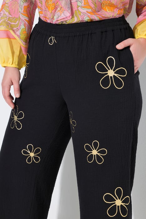 Culotte, wijde rechte pijp, mousseline, zilverkleurige bloemen