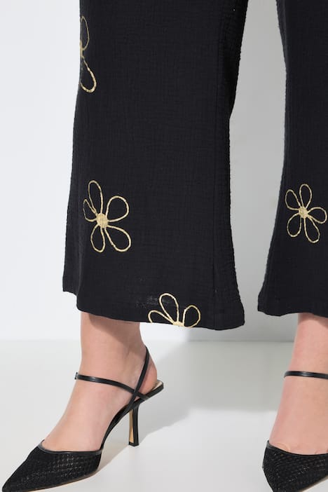 Culotte, wijde rechte pijp, mousseline, zilverkleurige bloemen